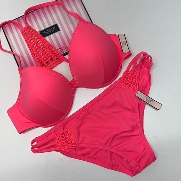 🔥🏖VICTORIA SECRET  swimsuit The Fabulous/The strappy cheeky Hot pink  New - Picture 1 of 7